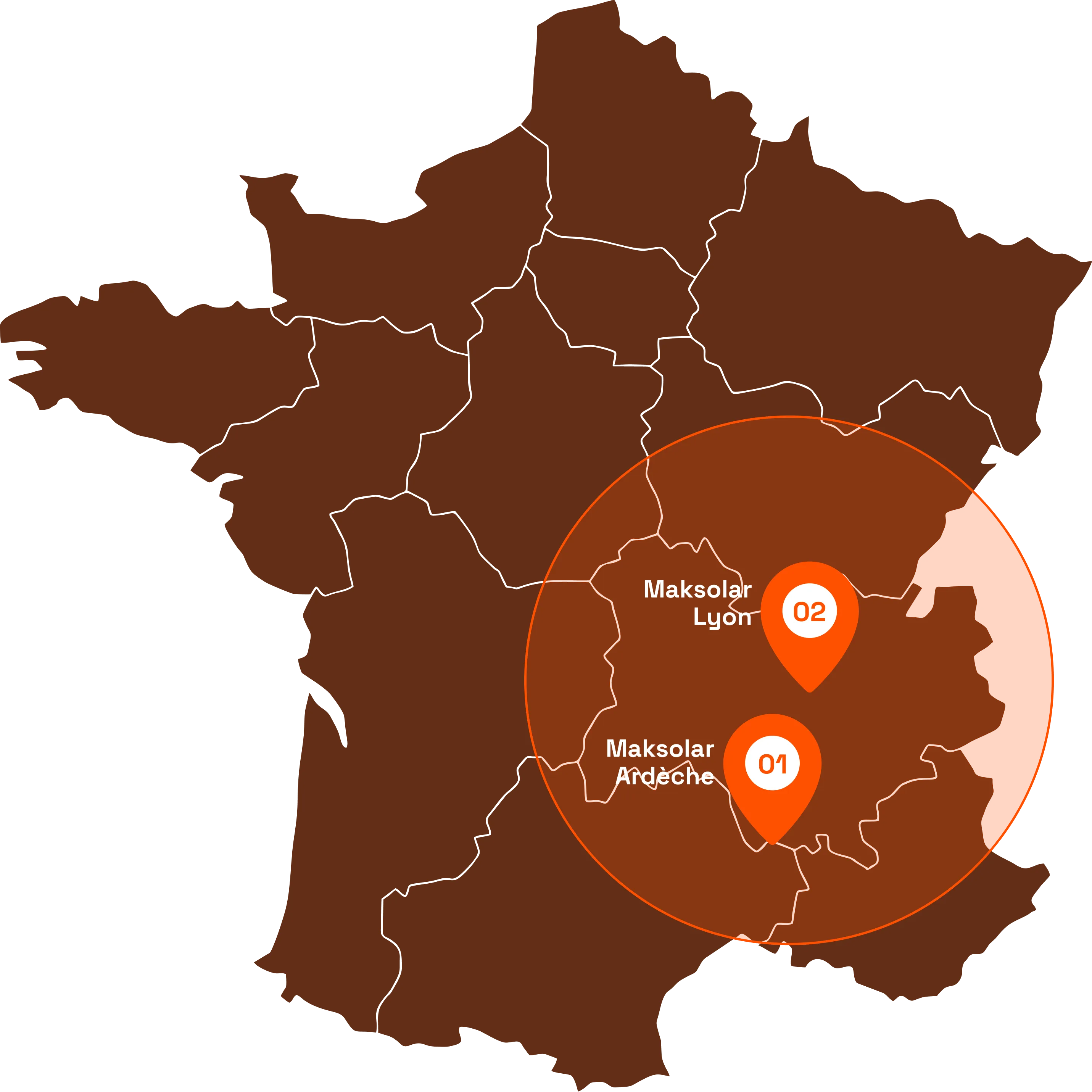 Carte de la zone d'intervention Maksolar en France - Maksolar Ardèche et Maksolar Lyon, dans un rayon d'environ 80 km autour de Lyon