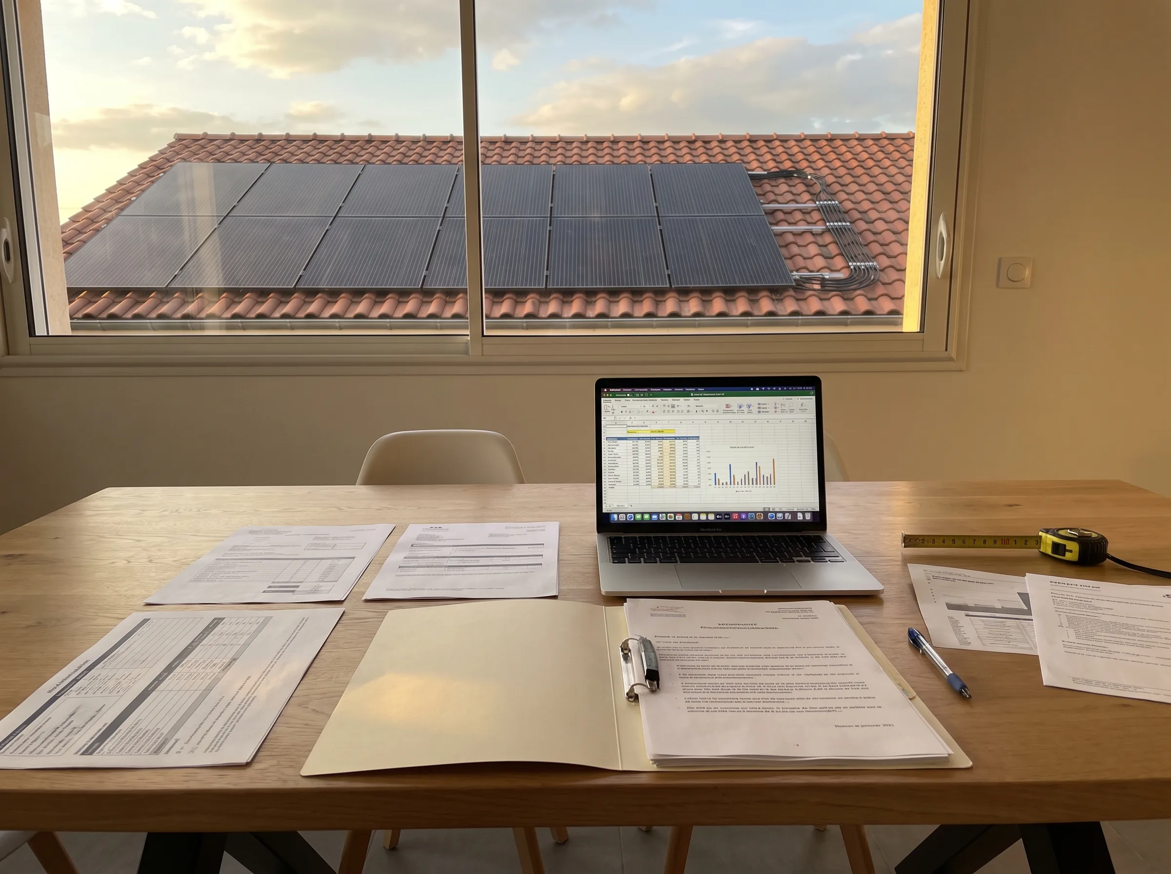 Bureau avec ordinateur, documents et panneaux solaires visibles à travers la fenêtre