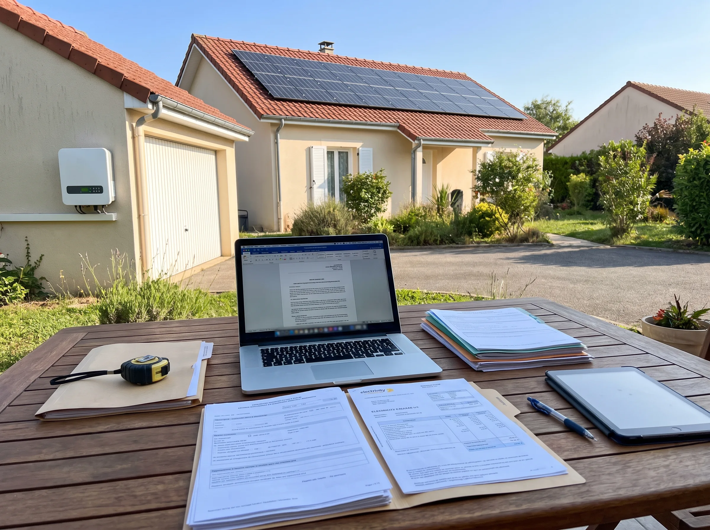 Installation de panneaux photovoltaïques sur toiture résidentielle avec un espace de travail à l'extérieur