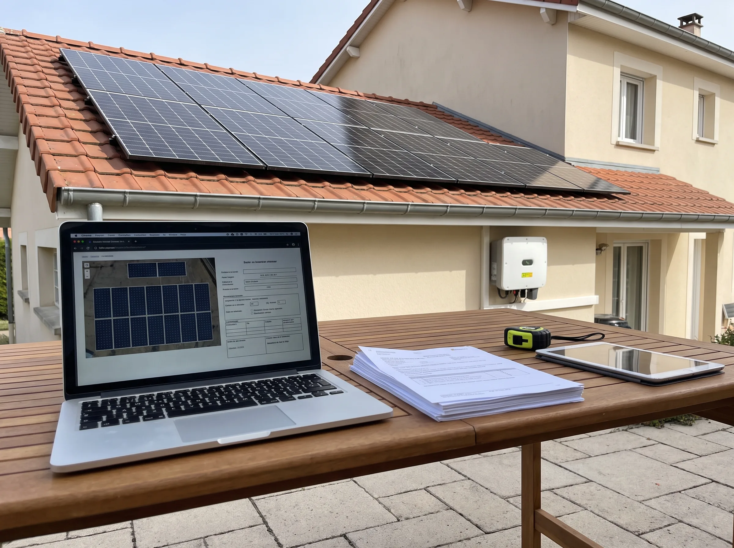 Installation de panneaux photovoltaïques sur une maison avec un ordinateur et des documents sur la table