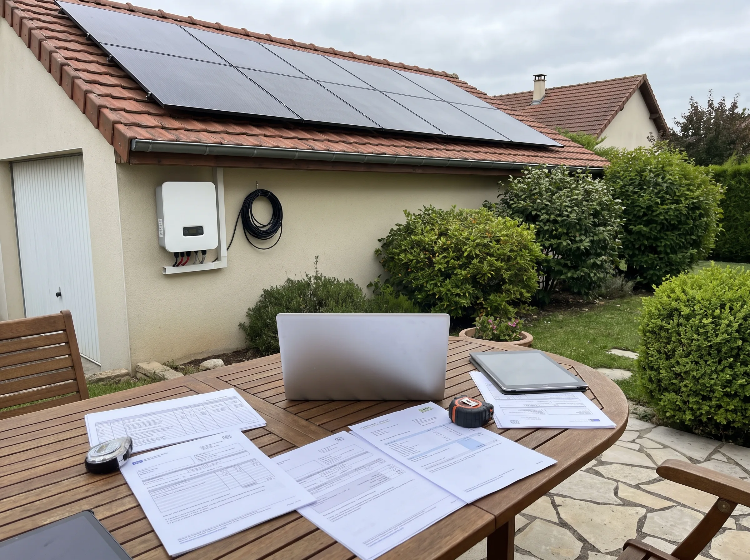 Installation de panneaux photovoltaïques sur toiture résidentielle avec équipements et documents sur une table
