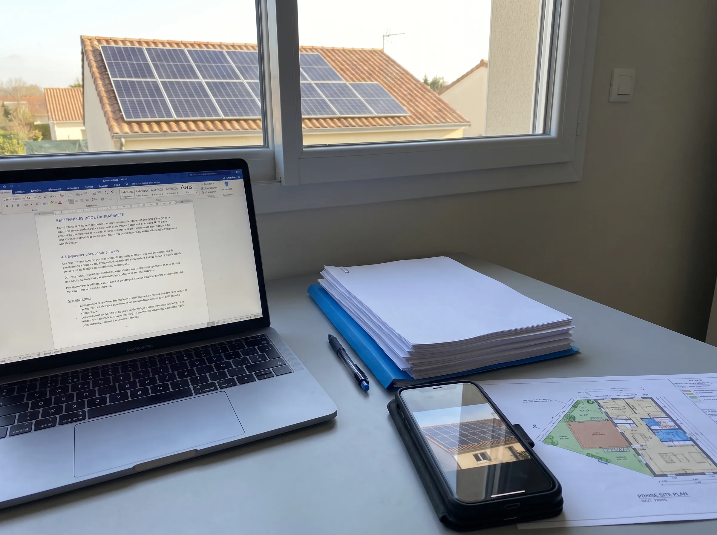 Bureau avec ordinateur portable, documents, et panneaux solaires visibles à l'extérieur