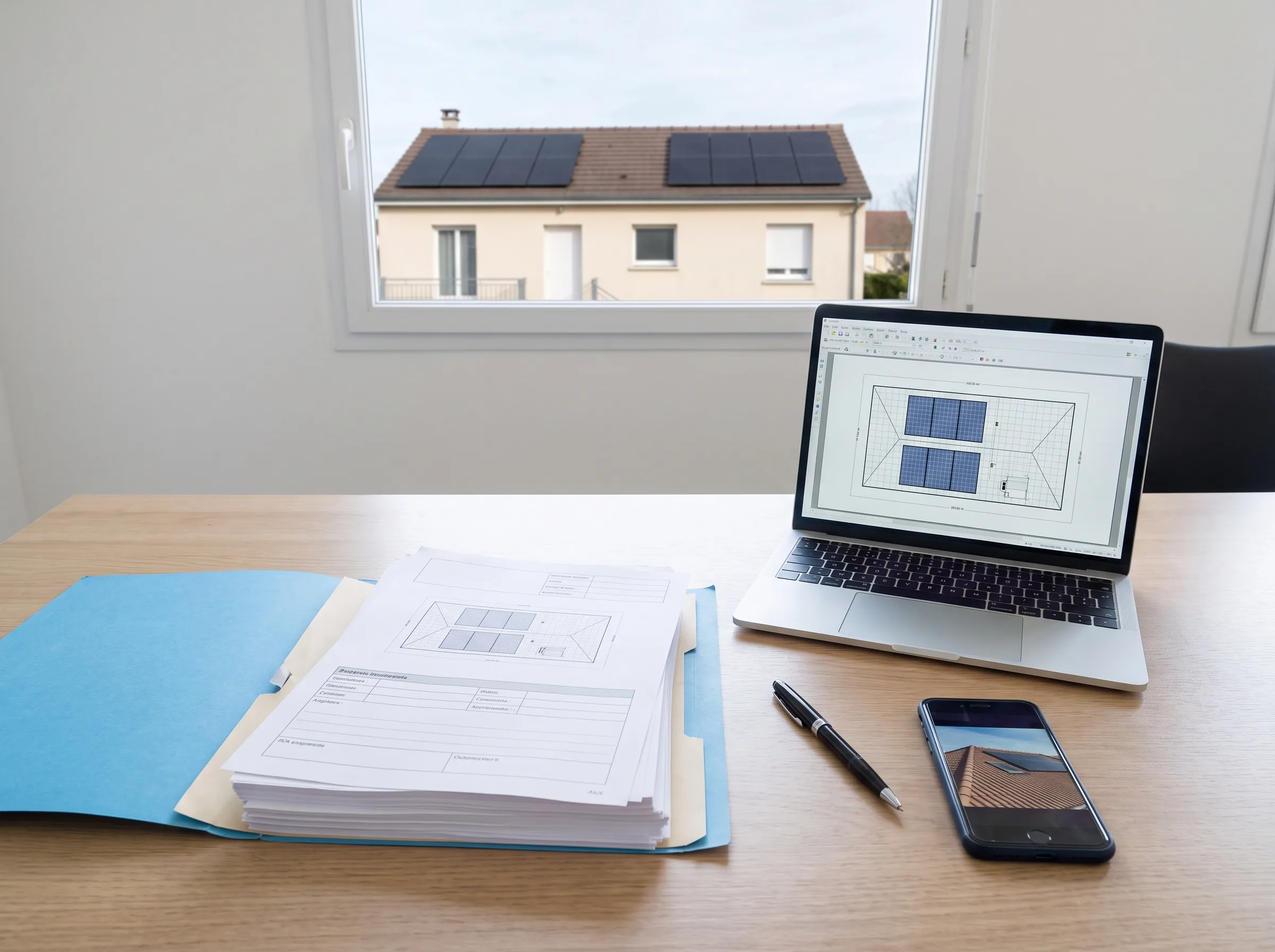 Bureau avec plans d'installation photovoltaïque, vue sur des panneaux solaires sur toiture