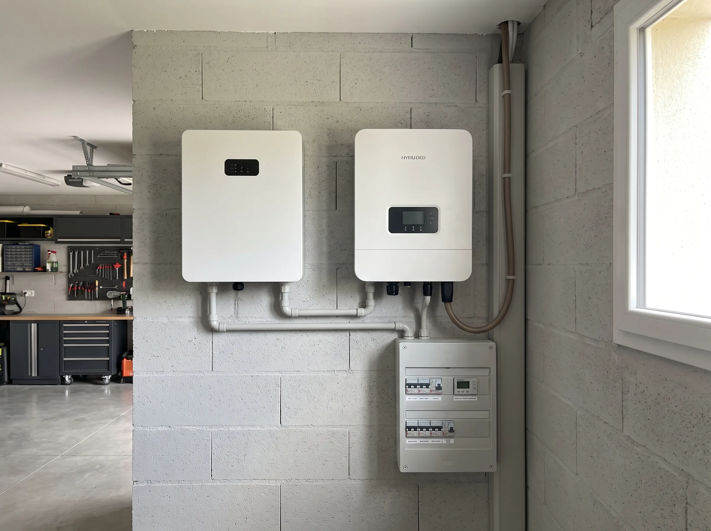 Installation de batteries solaires et systèmes de gestion d'énergie dans un garage moderne