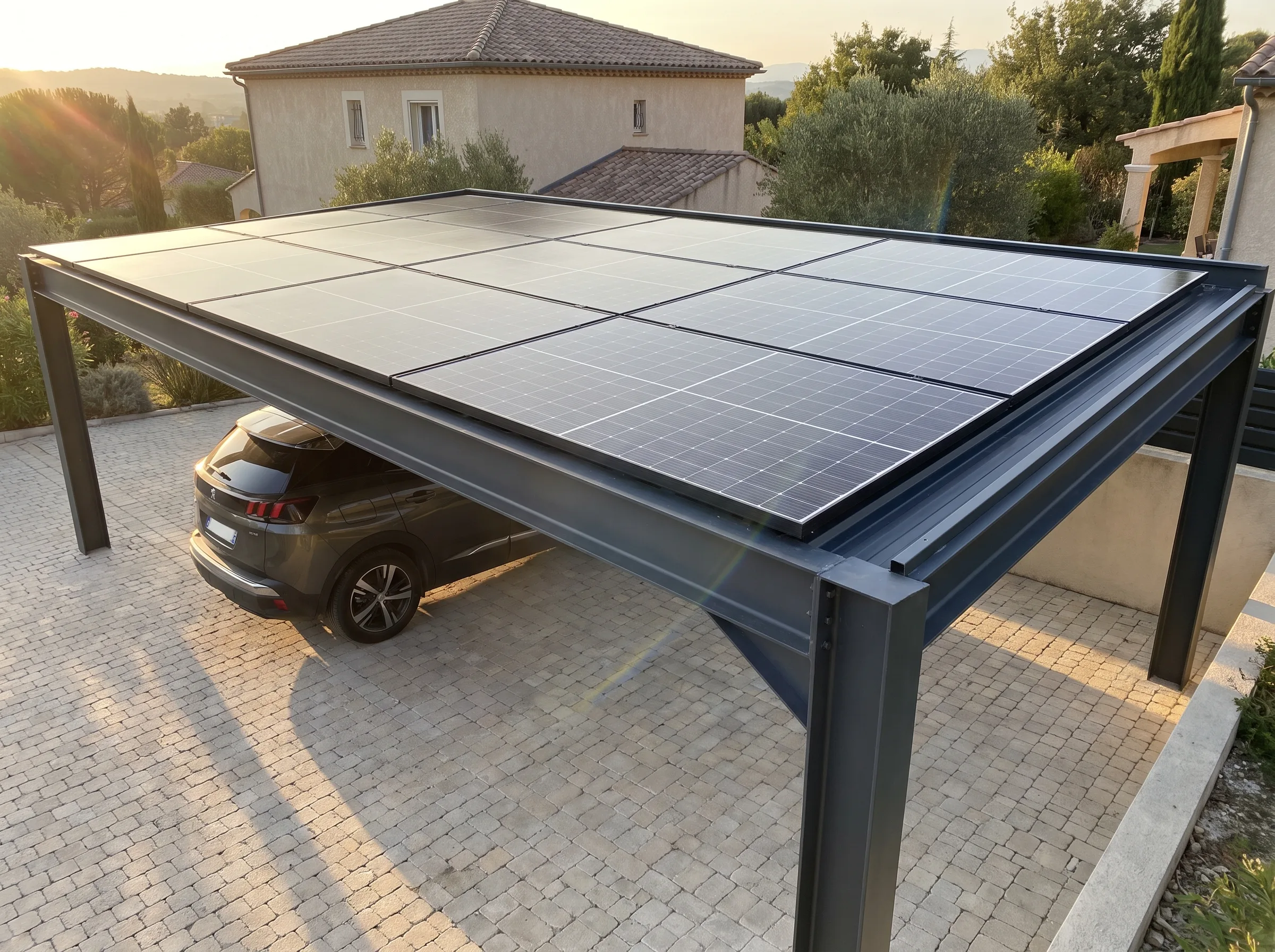 Installation de panneaux solaires sur un carport avec un véhicule en stationnement