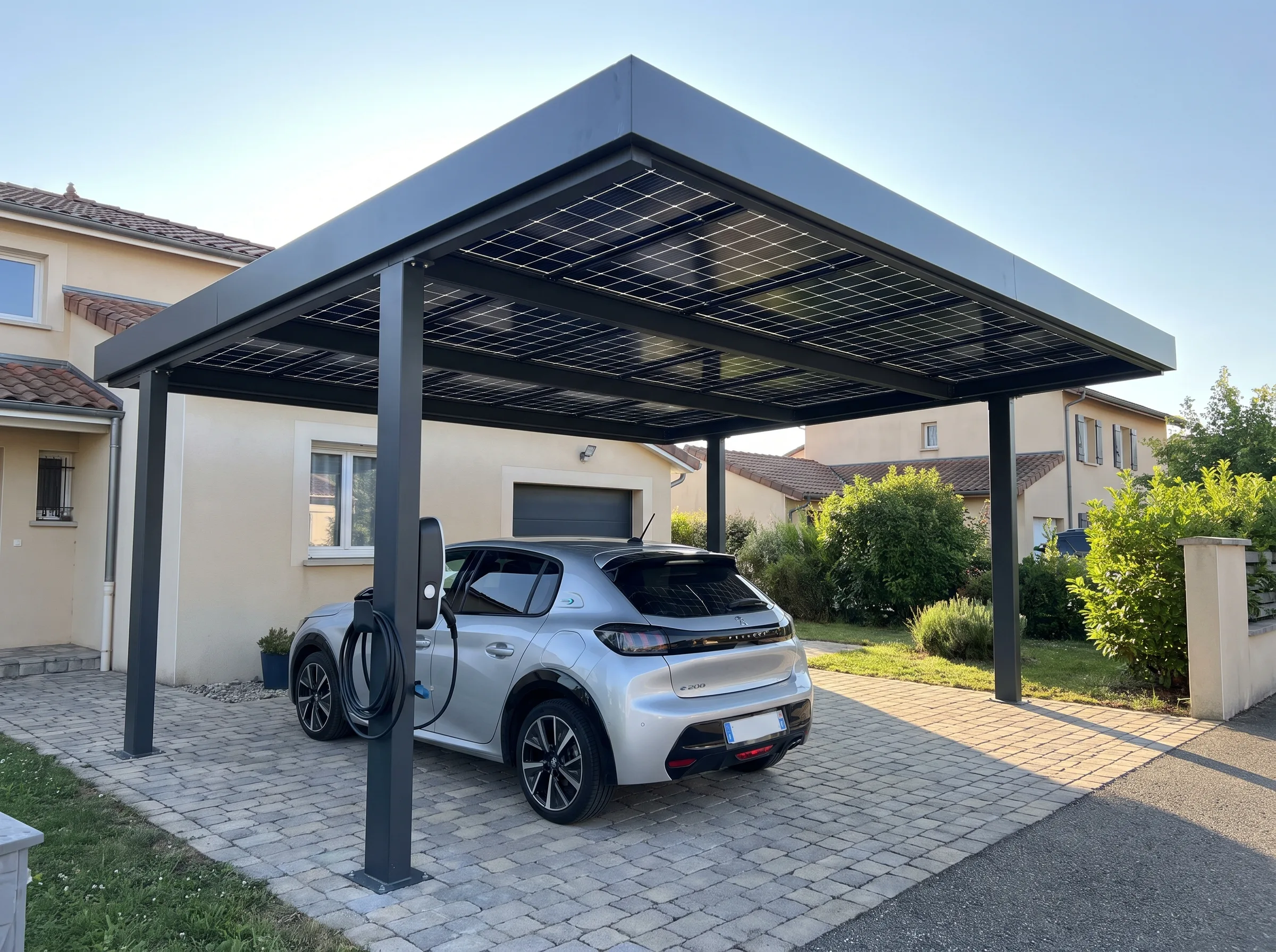 Carport solaire avec panneaux photovoltaïques et voiture électrique en recharge