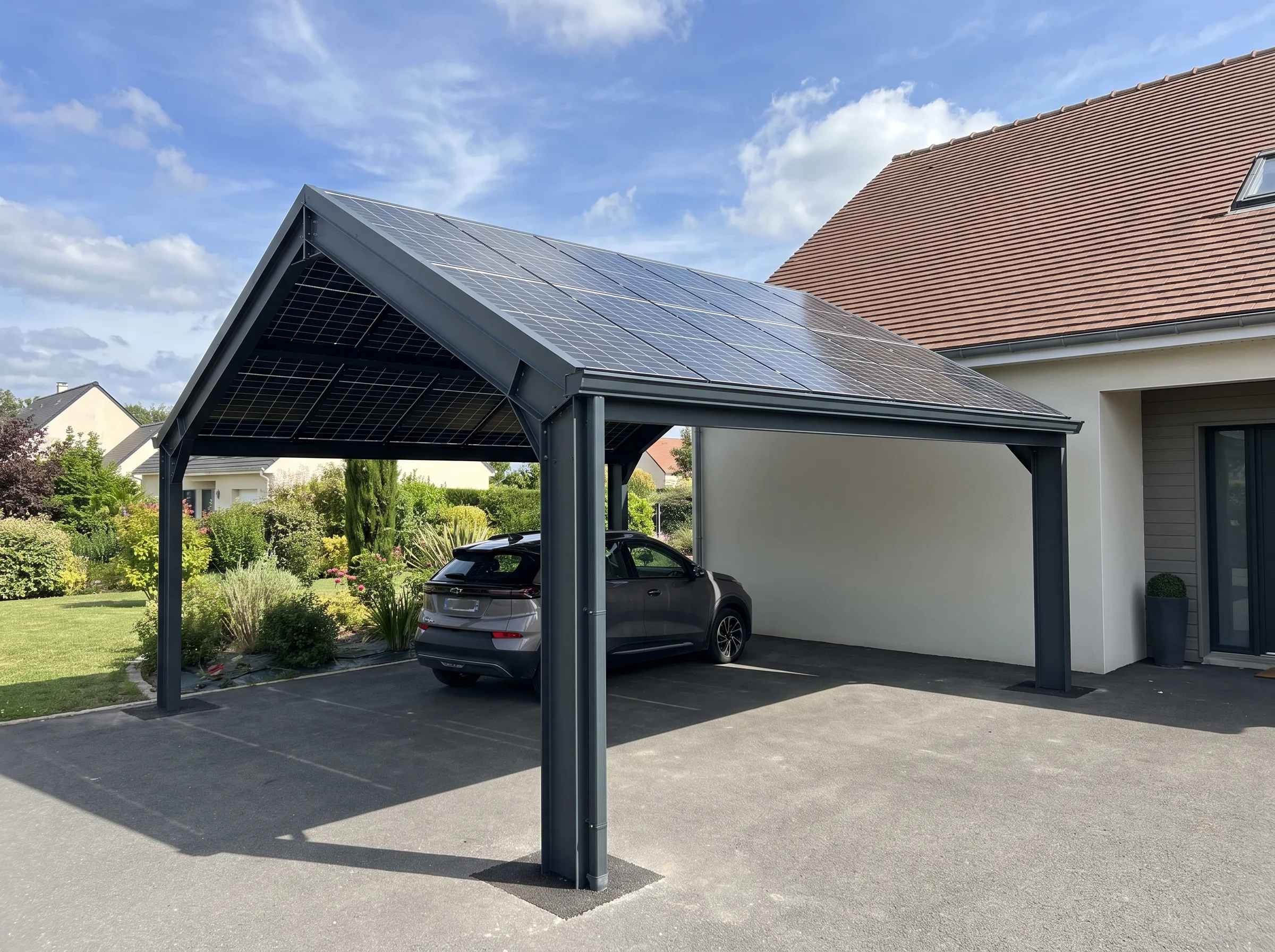 Carport solaire avec panneaux photovoltaïques, offrant une solution d'autoconsommation pour véhicules