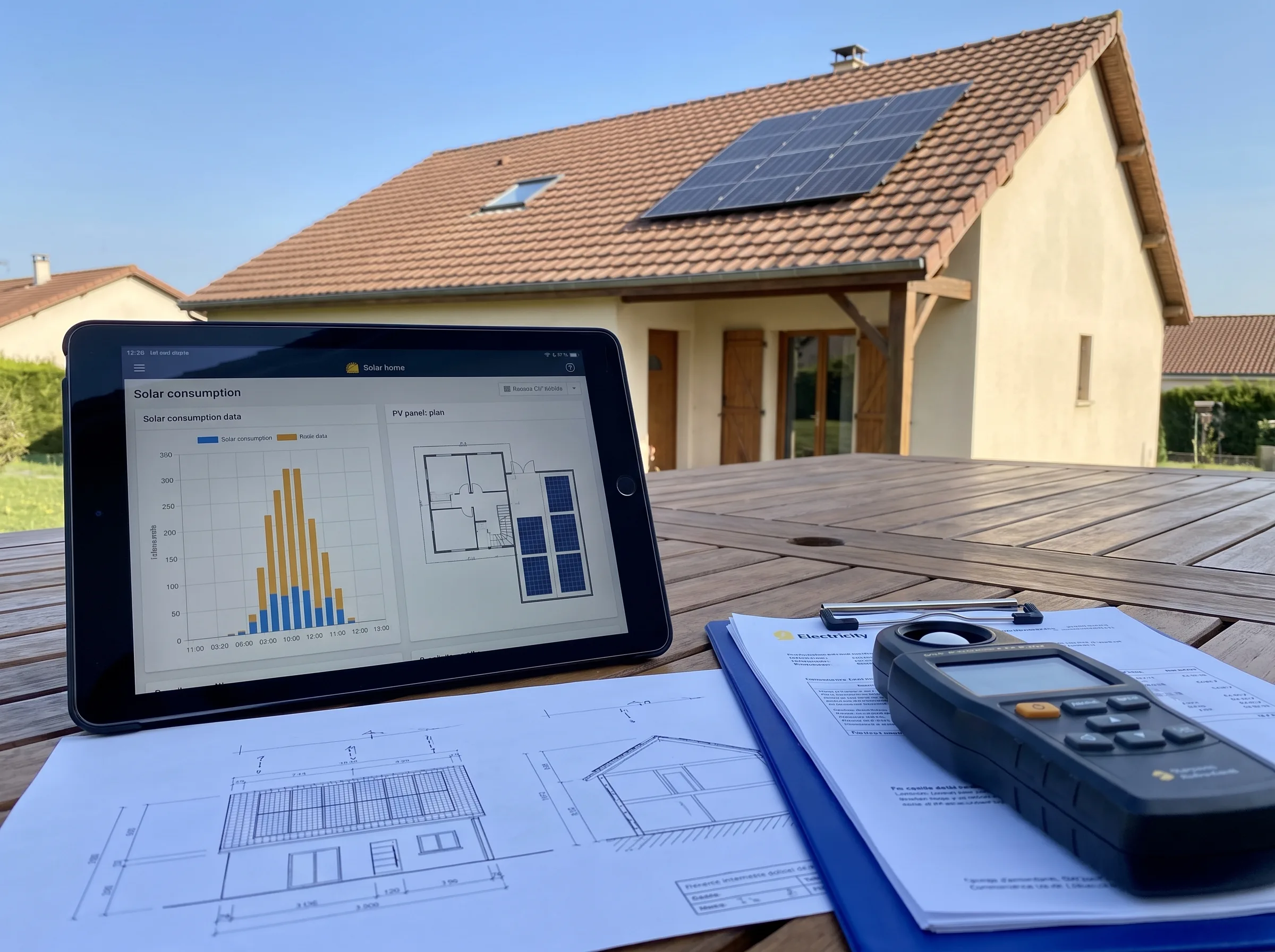 Installation de panneaux photovoltaïques sur la toiture d'une maison avec tableau de consommation solaire