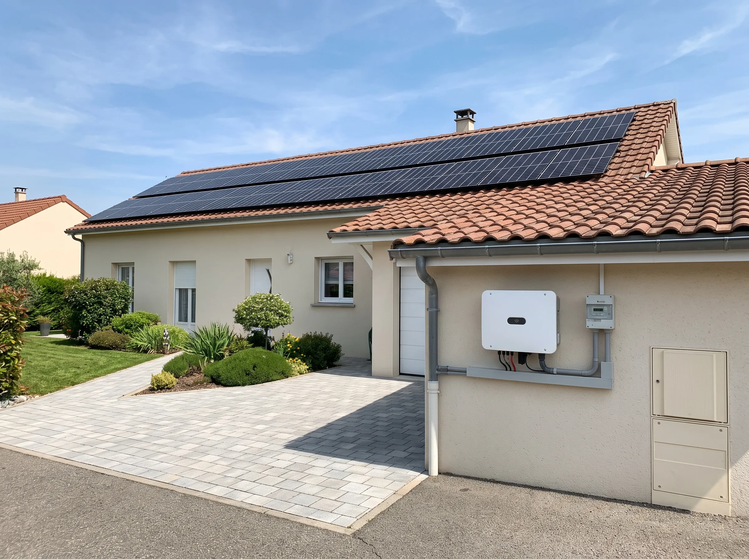 Installation de panneaux solaires sur un toit résidentiel, garantissant une autoconsommation solaire efficace