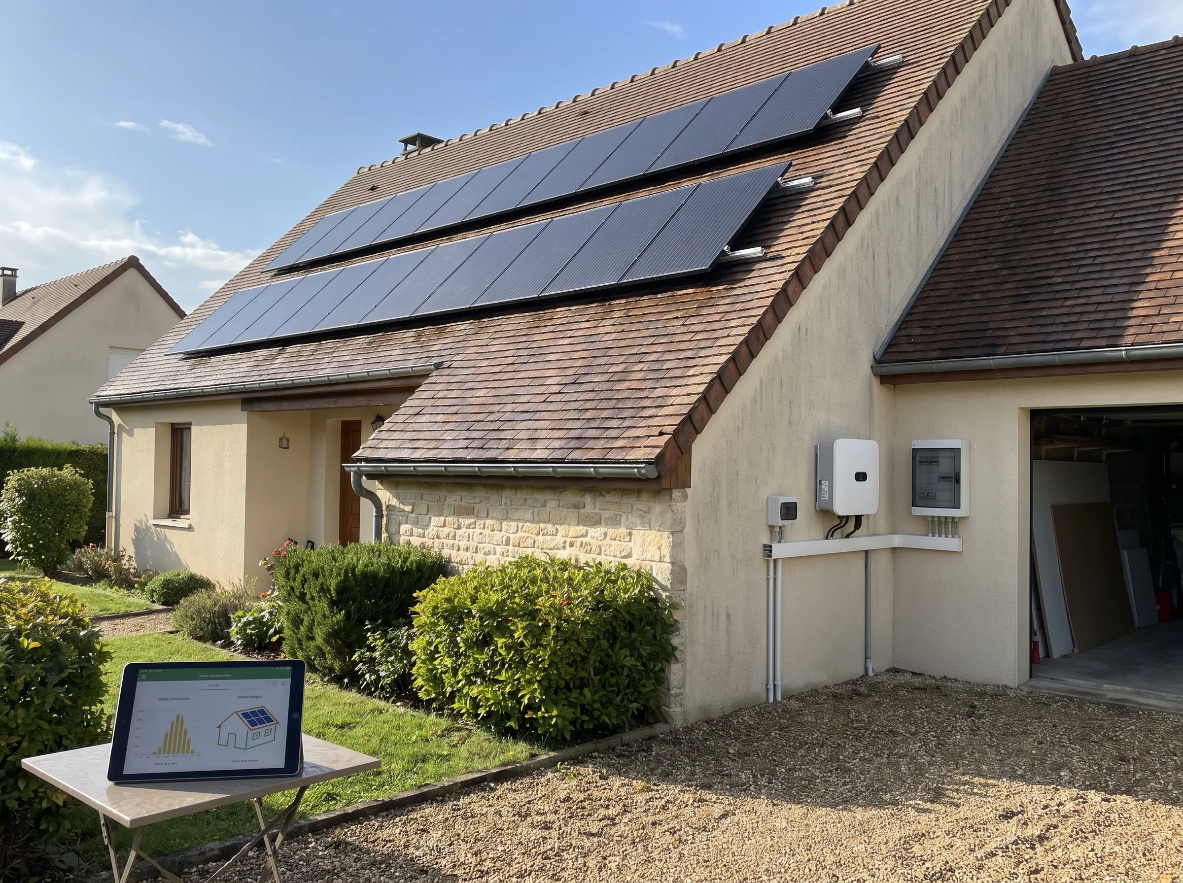 Installation de panneaux photovoltaïques sur un toit de maison, avec une batterie de stockage à proximité