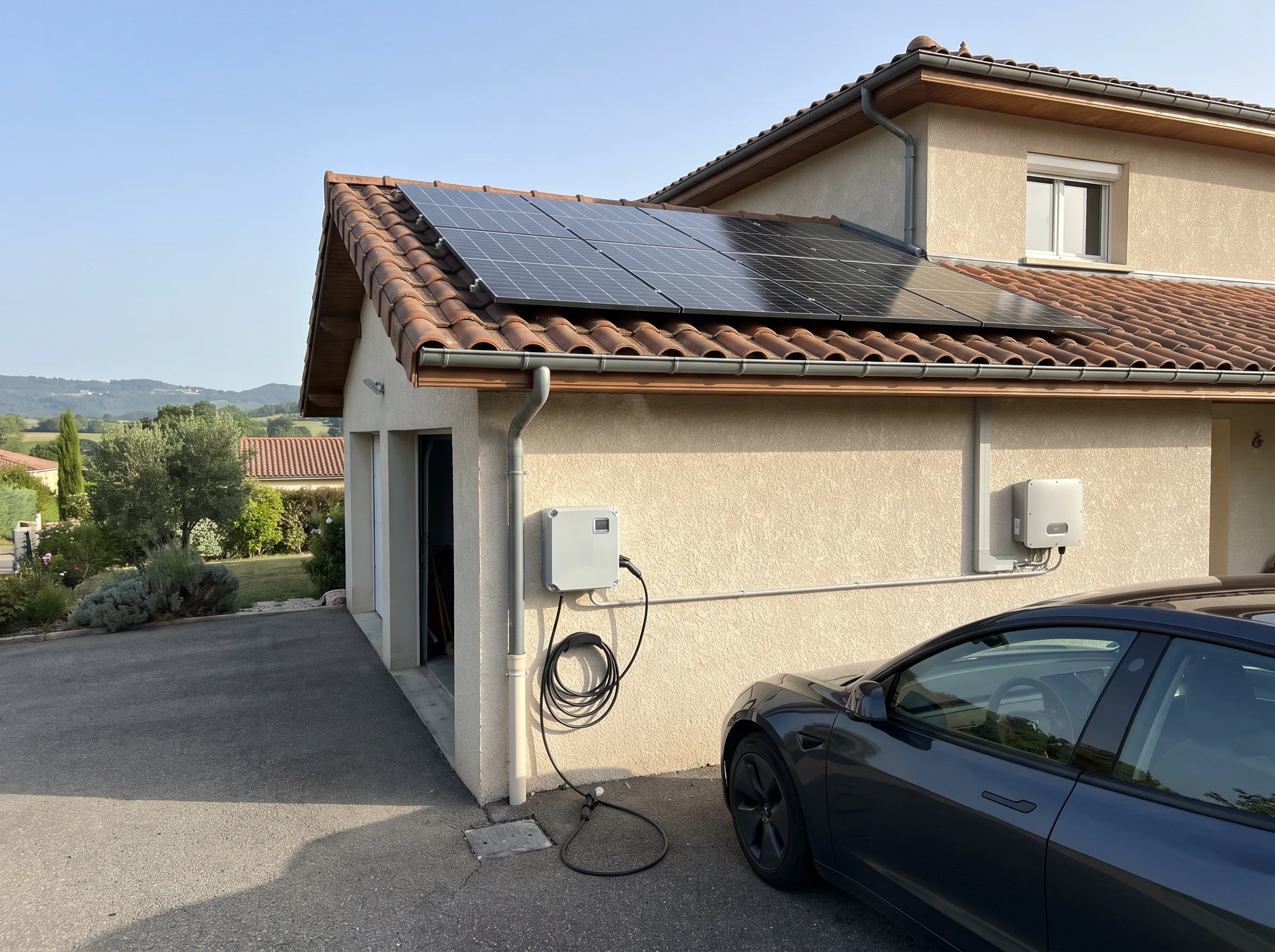 Installation de panneaux photovoltaïques sur une maison avec borne de recharge