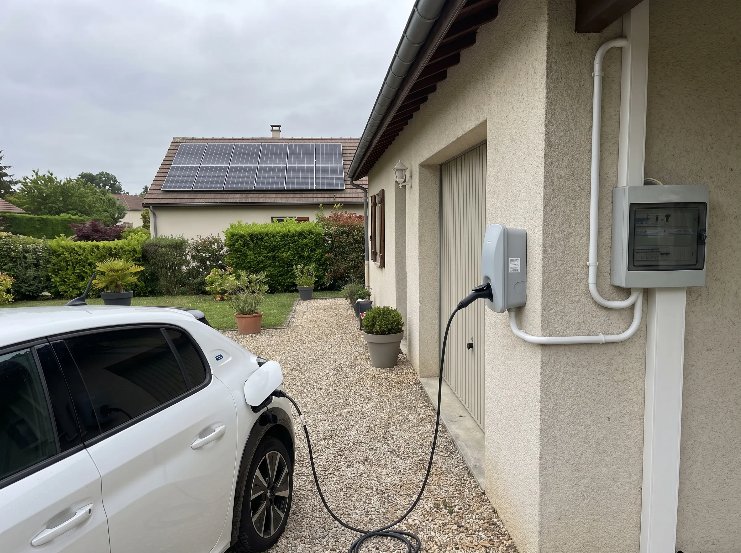 Installation de borne de recharge pour véhicule électrique à côté de panneaux solaires sur toit