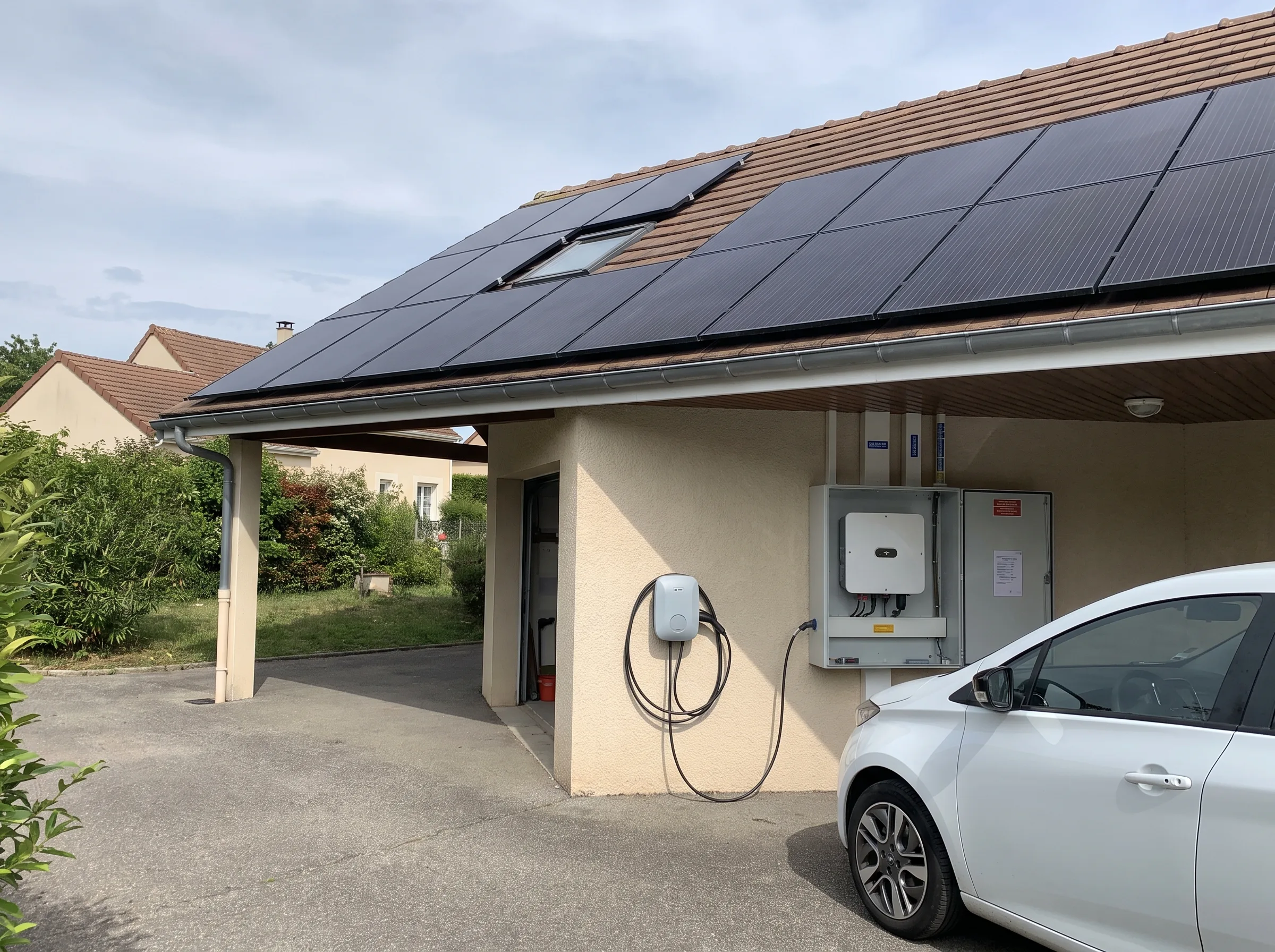 Installation de panneaux solaires sur une maison avec borne de recharge pour véhicule électrique