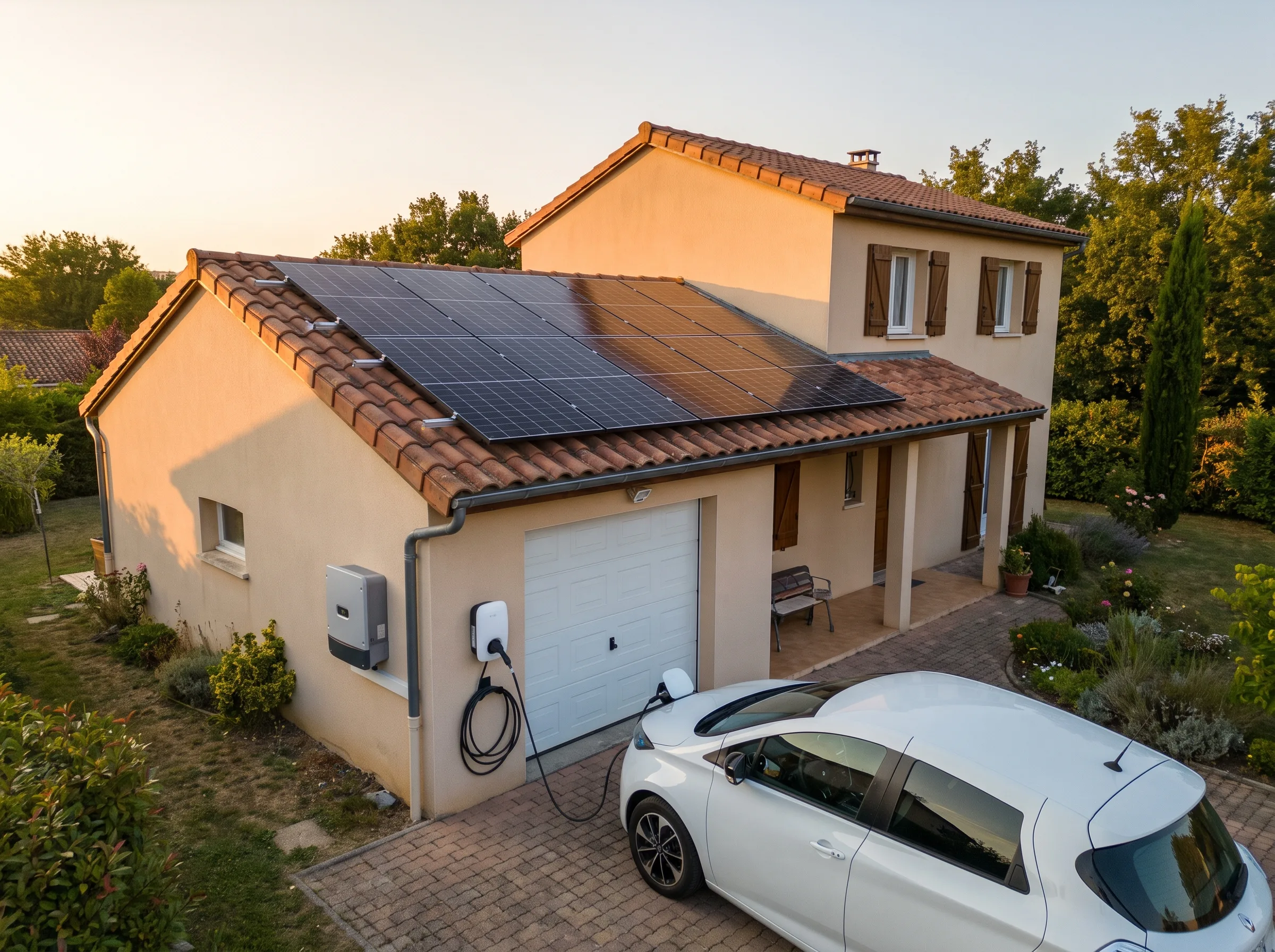 Installation de panneaux solaires sur une maison, avec borne de recharge pour véhicule électrique