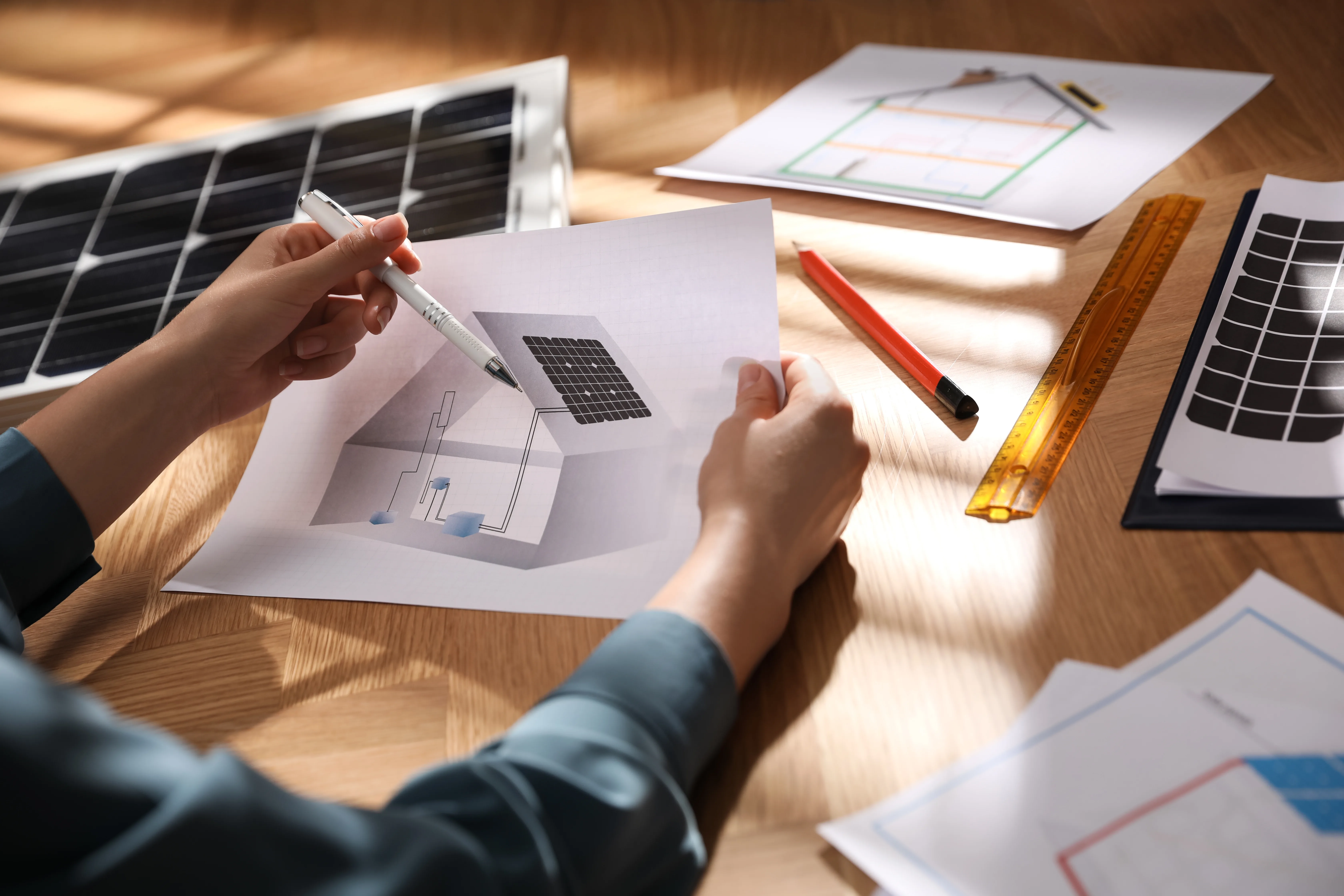 Étude de faisabilité photovoltaïque avec des plans de panneaux solaires sur un bureau