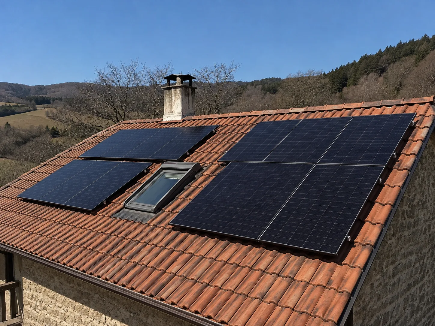 Installation de panneaux photovoltaïques sur toiture inclinée avec vue sur le paysage