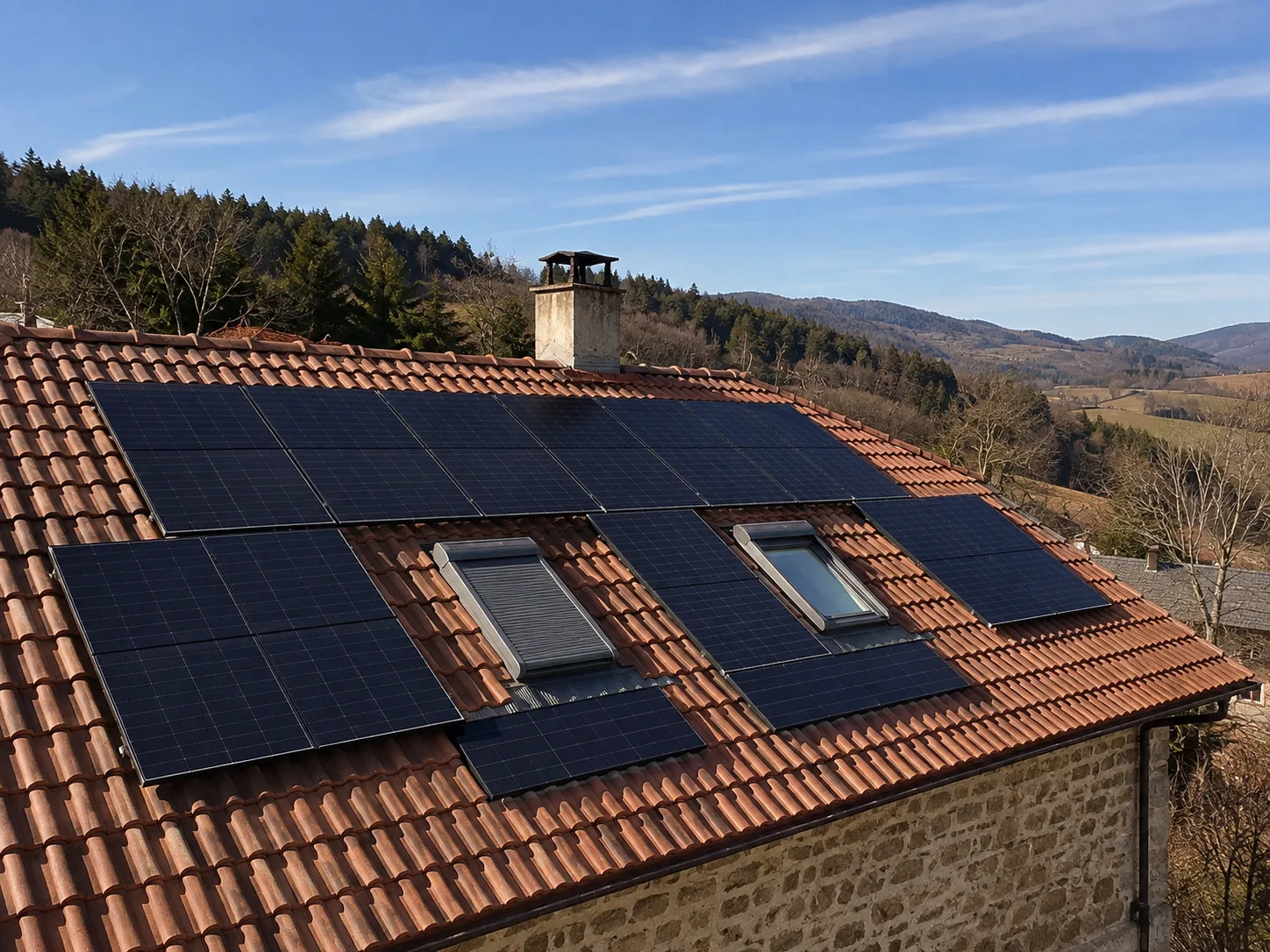 Installation de panneaux solaires sur un toit, garantissant autonomie énergétique