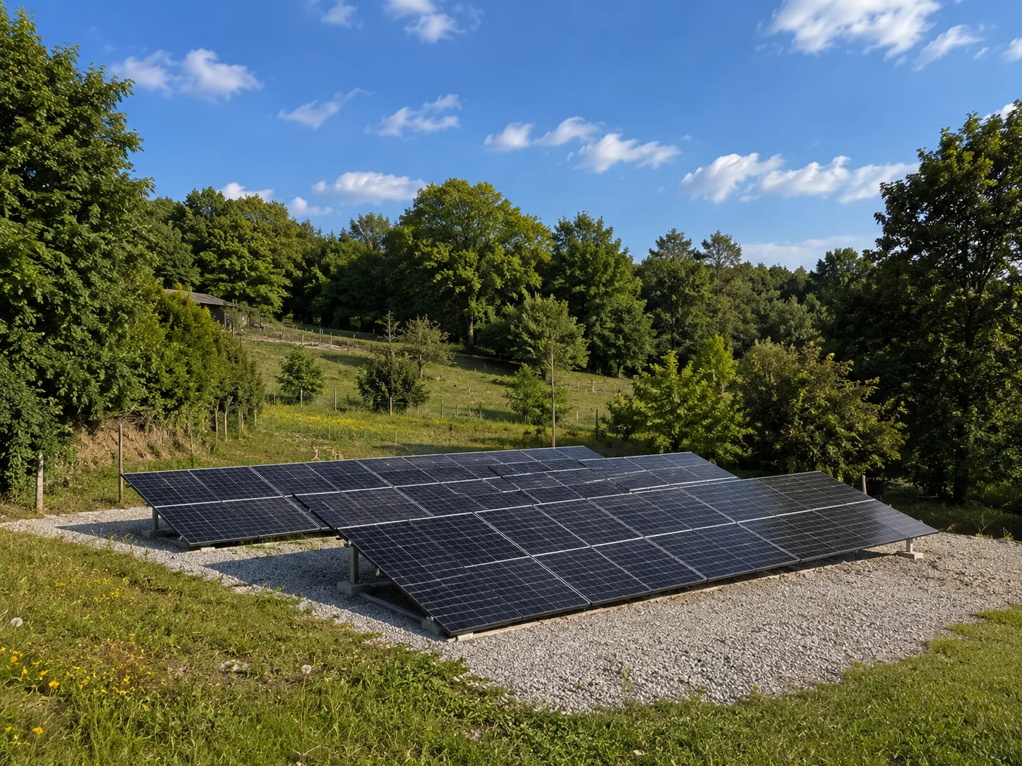 Installation de panneaux solaires sur un terrain ensoleillé, avec verdure environnante