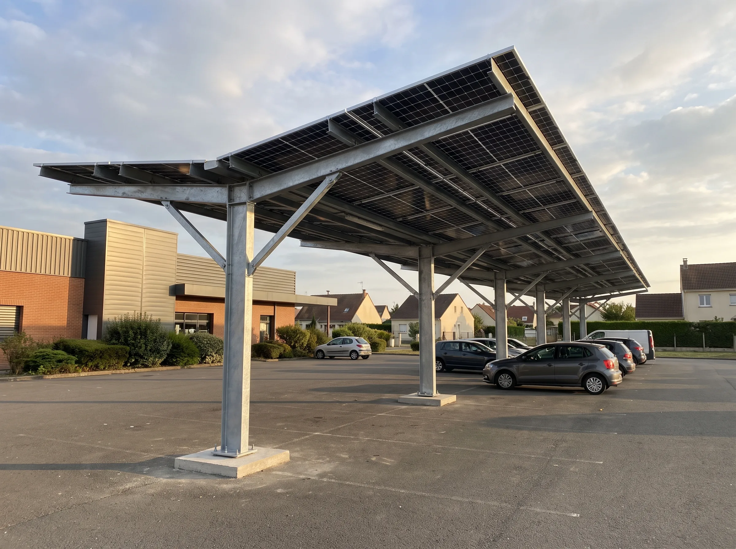 Installation de panneaux solaires sur un carport dans une aire de stationnement