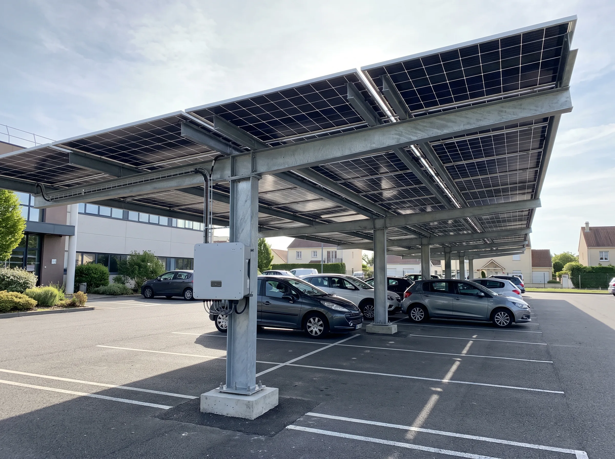 Ombrière photovoltaïque installée sur un parking avec plusieurs voitures stationnées
