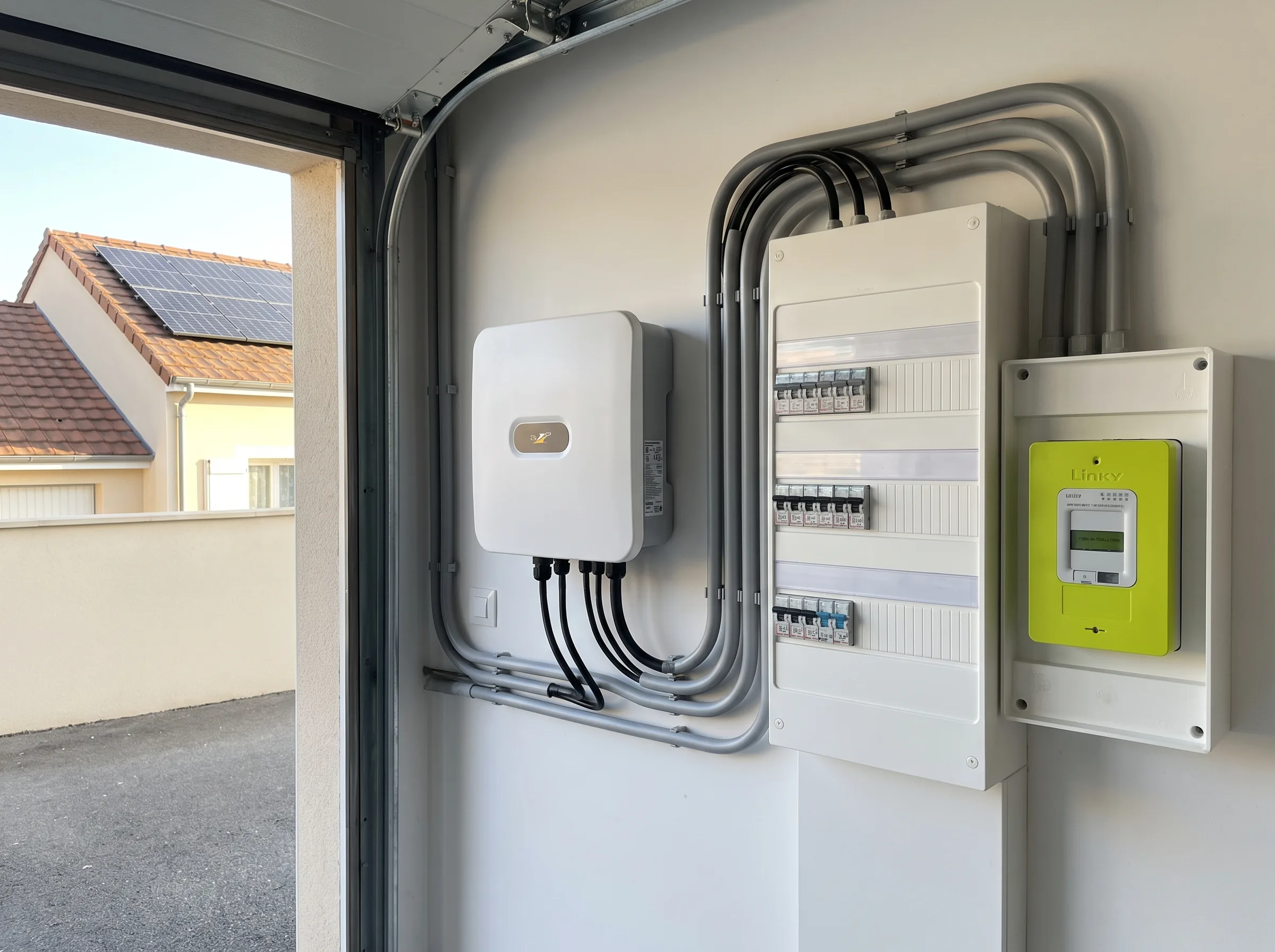 Système électrique avec onduleur solaire et tableau de distribution installé pour l'autoconsommation solaire