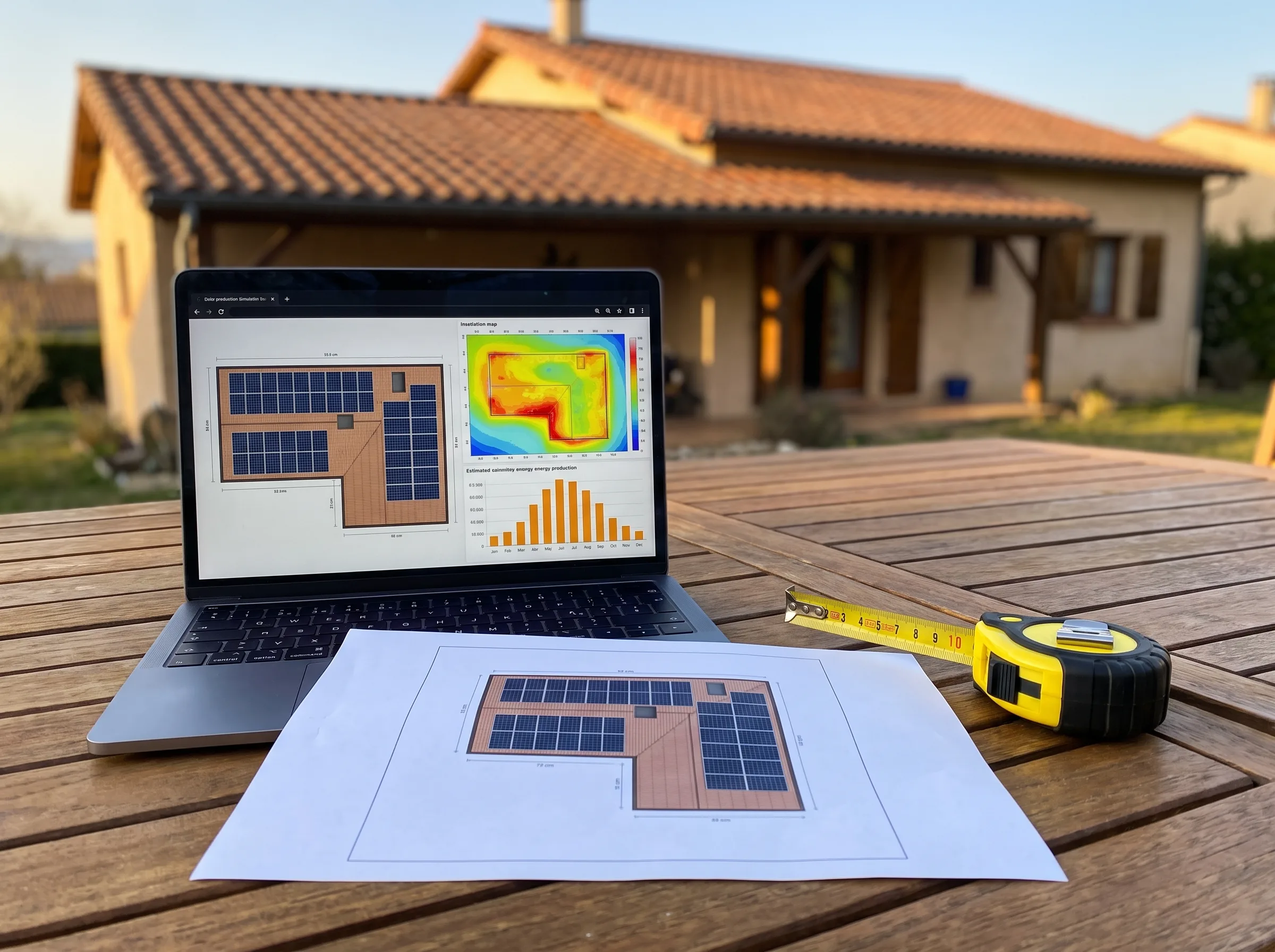 Étude de faisabilité photovoltaïque avec plans et analyse sur ordinateur portable