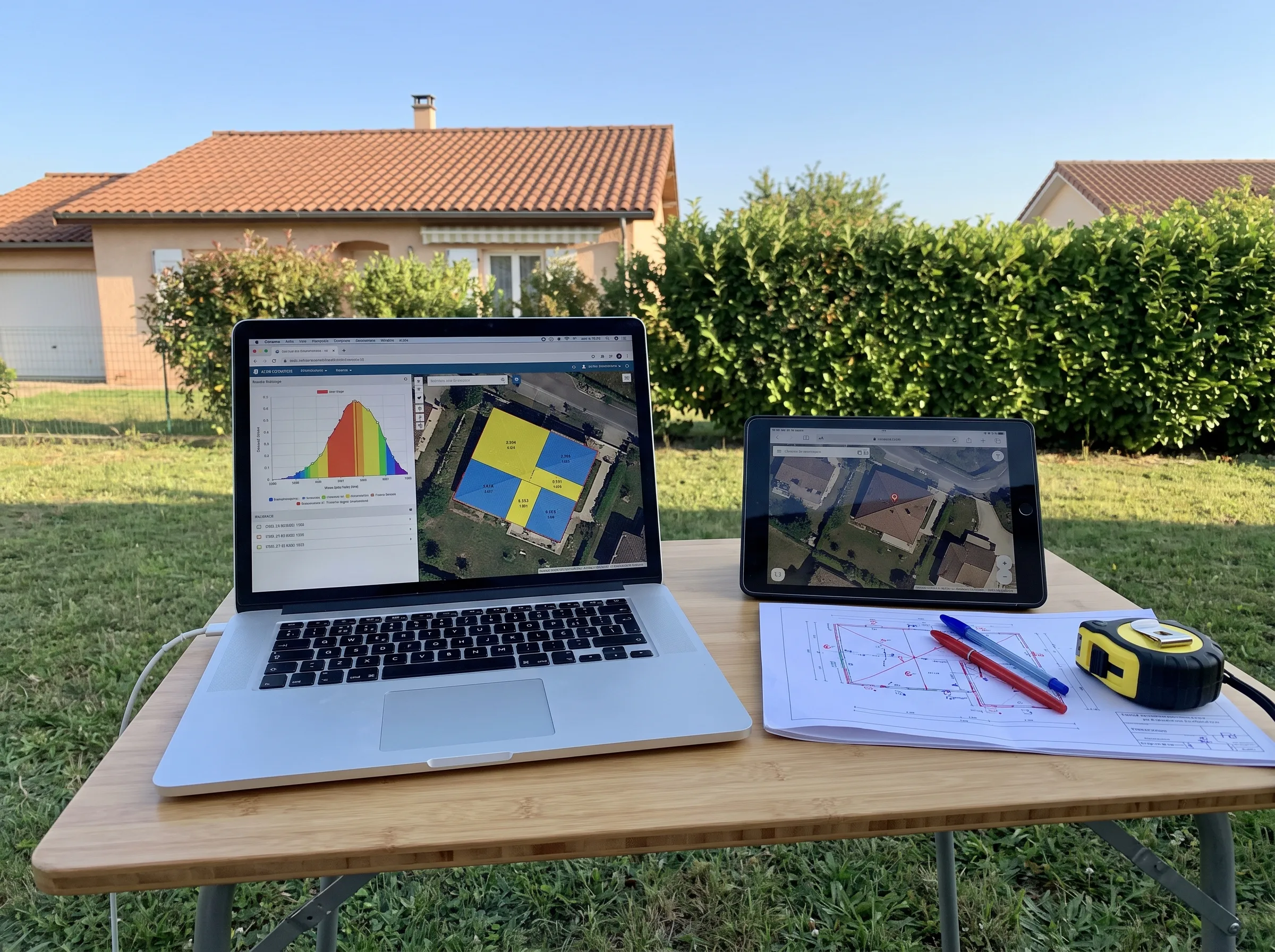 Étude de faisabilité photovoltaïque avec plans et simulations sur ordinateur portable et tablette