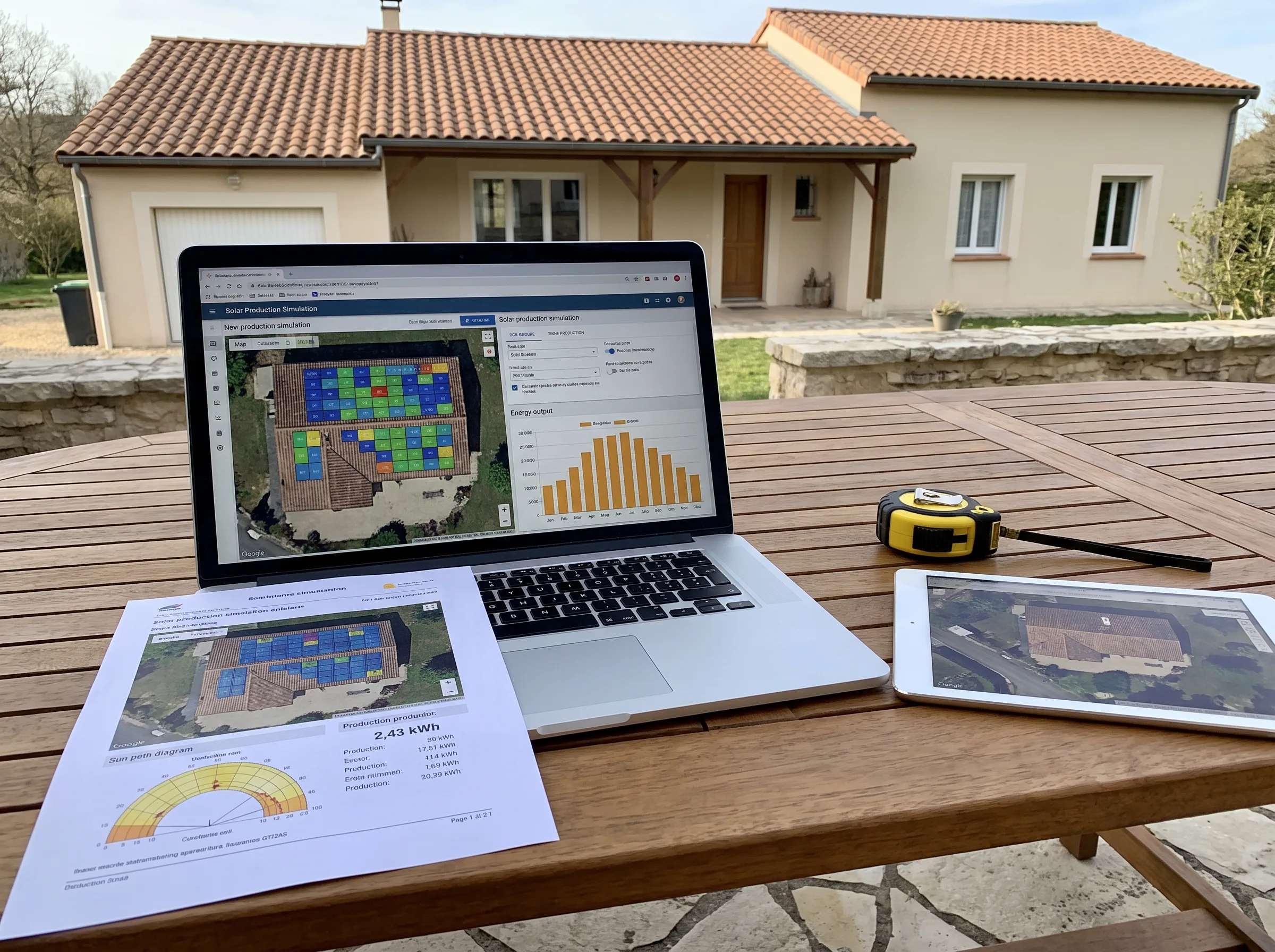Étude de faisabilité photovoltaïque avec simulation de production solaire sur ordinateur portable