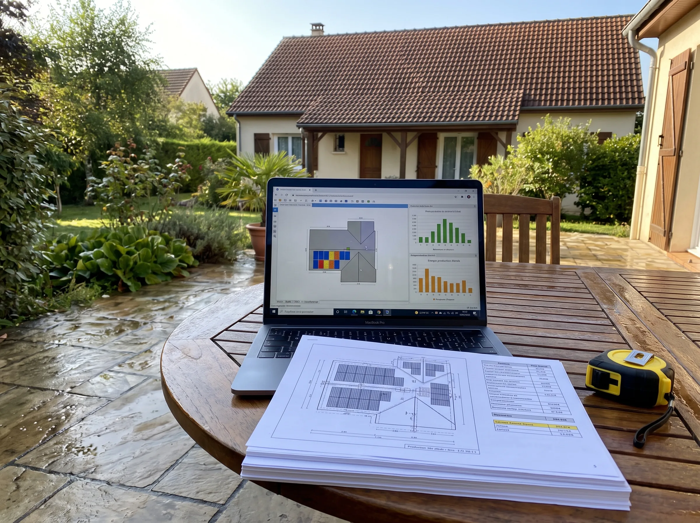 Étude de faisabilité photovoltaïque affichée sur un ordinateur portable avec des plans à côté